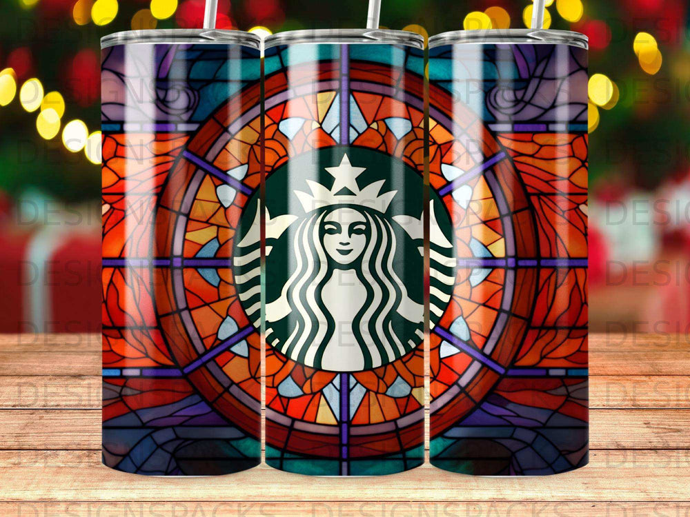 Starbucks logo on a stained glass background with bokeh lights.