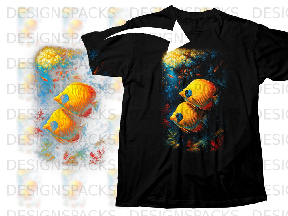 Black t-shirt with a vibrant underwater scene featuring two yellow angelfish.