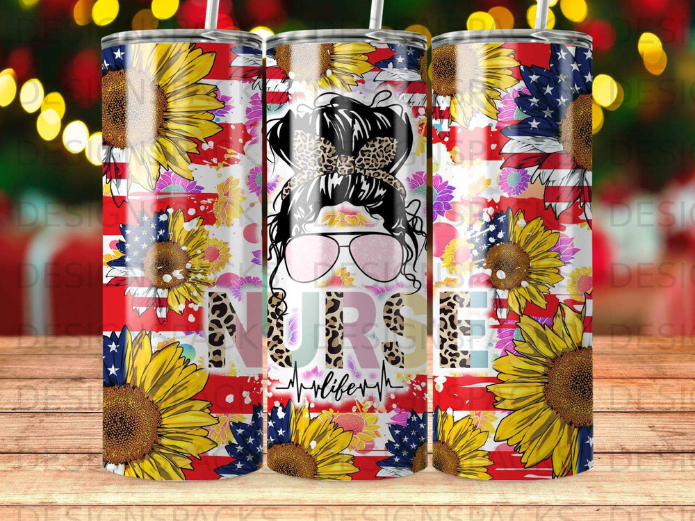 Sunflower and US flag themed tumbler with "Nurse" and leopard print.