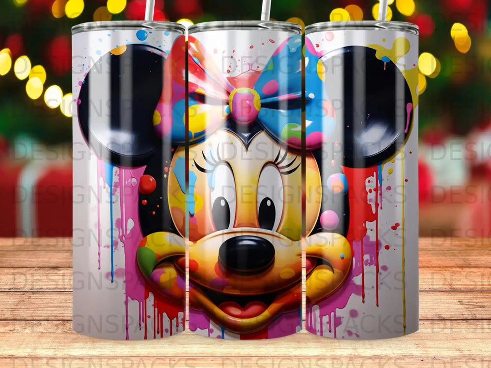 Minnie Mouse head with colorful paint splatters and a bow.