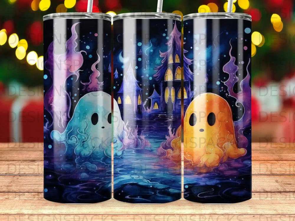 Two cartoon ghosts float in front of a spooky castle at night.
