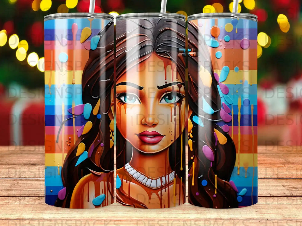 Woman with colorful paint splatters on face and hair.