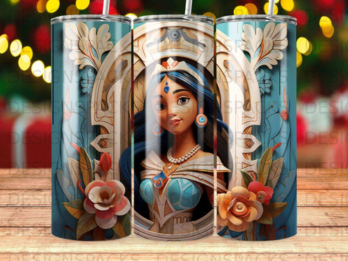 Princess with blue hair and ornate outfit on a decorative background.