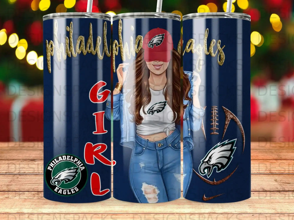 Philadelphia Eagles girl graphic on a blue tumbler with football elements.