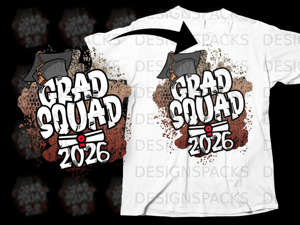 White t-shirt graphic with "GRAD SQUAD 2026" text and graduation cap.