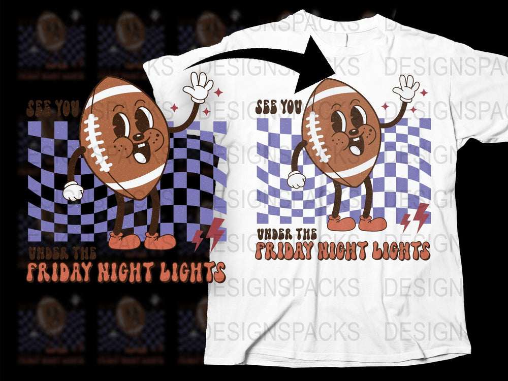 Friday Night Lights Football T-Shirt, Cartoon Sports Fan Tee, Checkered Pattern, Casual Wear