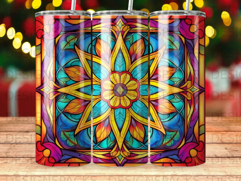 Stained glass mandala pattern on a cylindrical tumbler.