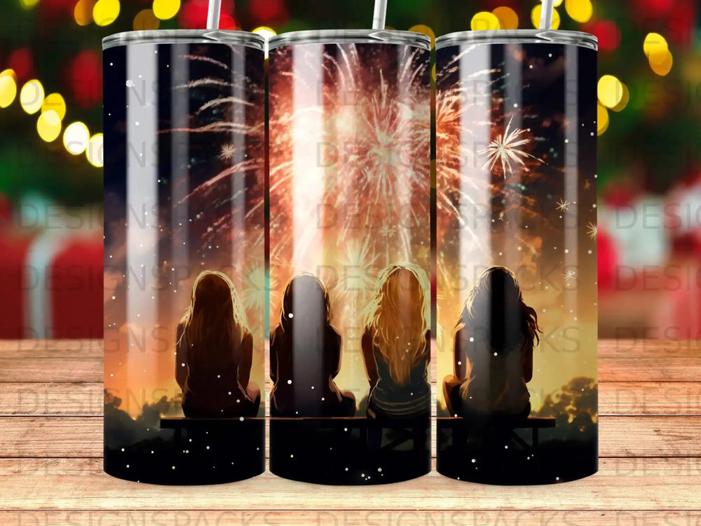 Four people watching fireworks from a bench at night.