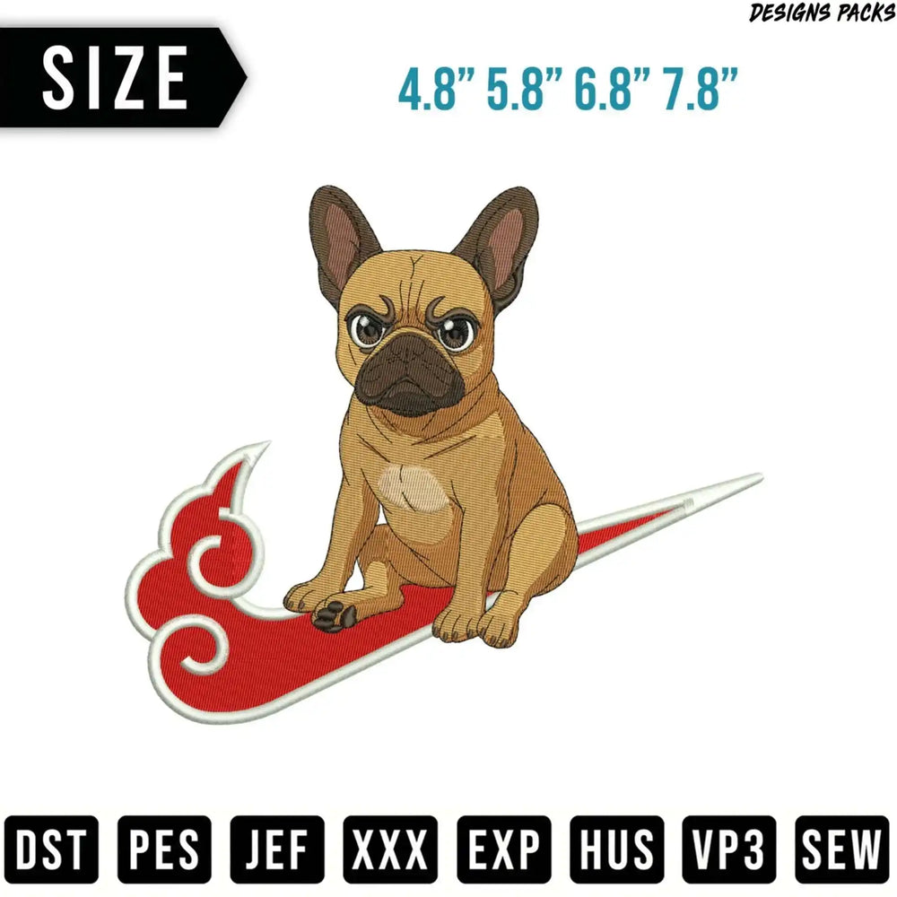 French bulldog sitting on a stylized cloud, size options listed.
