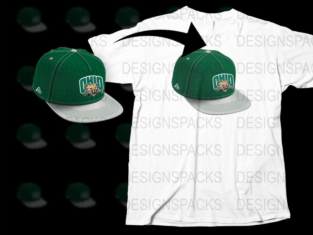 Ohio University Bobcats Logo Baseball Cap and T-Shirt Set, Green and White Sports Apparel, Unisex Casual Wear