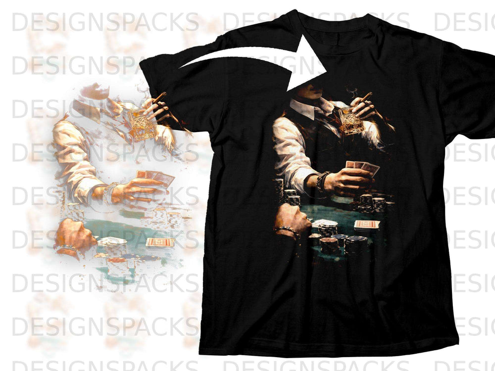 Black t-shirt with a graphic of a man playing poker, holding cards and a cigar.