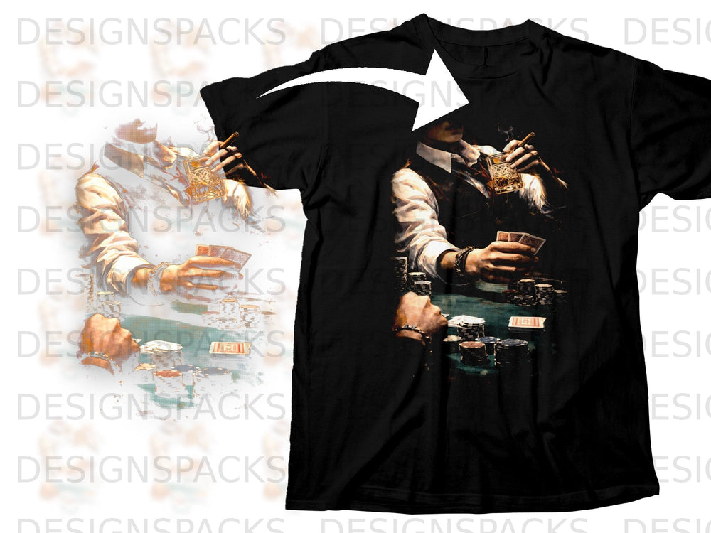 Black t-shirt with a graphic of a man playing poker, holding cards and a cigar.