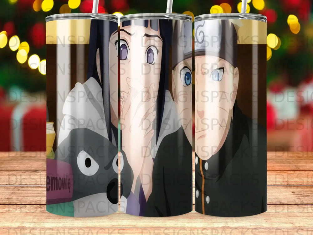 Anime characters on a tumbler with a blurred bokeh background.