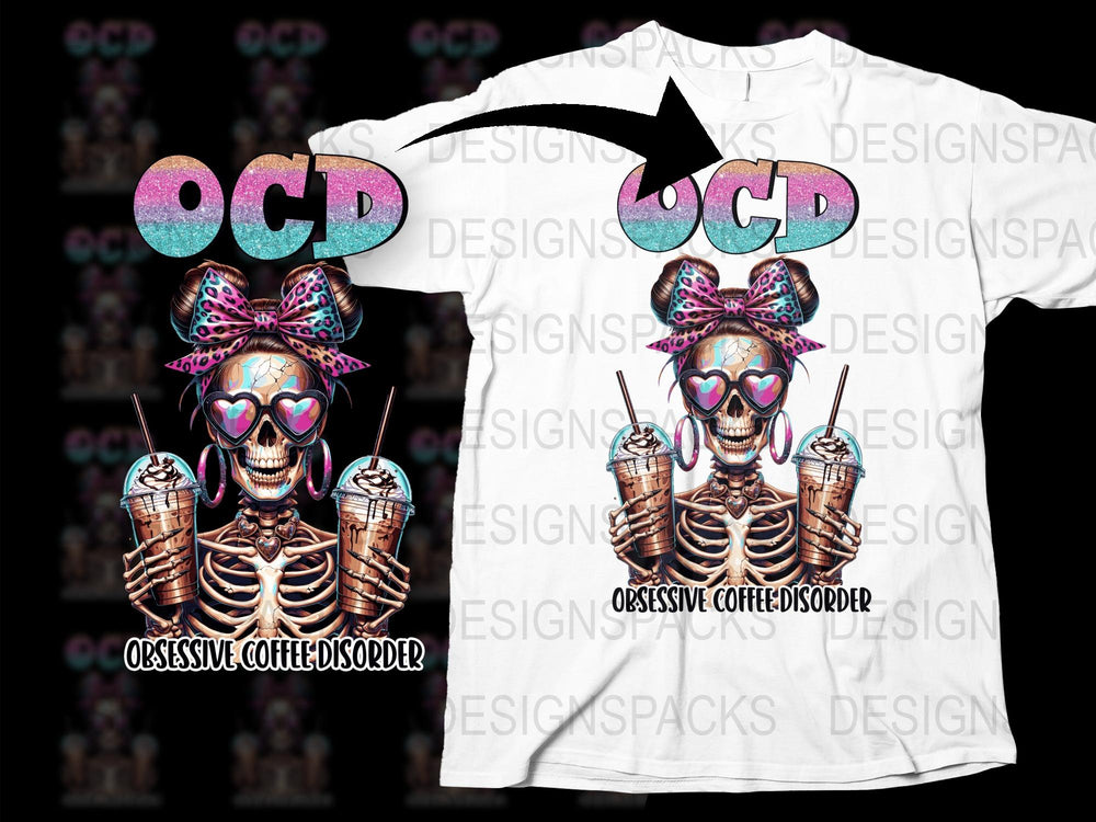 OCD Obsessive Coffee Disorder Funny Skeleton Graphic T-Shirt, Cool Hipster Skull Tee with Drinks and Glasses