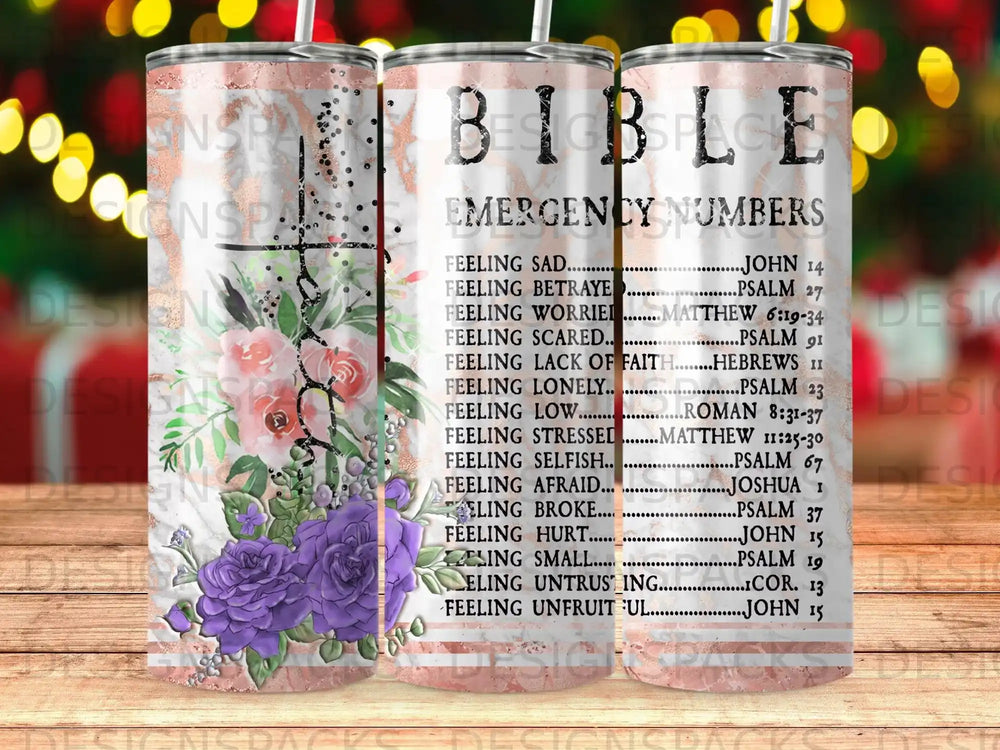 Tumbler with "Emergency Numbers" list from Bible verses and flower accents.