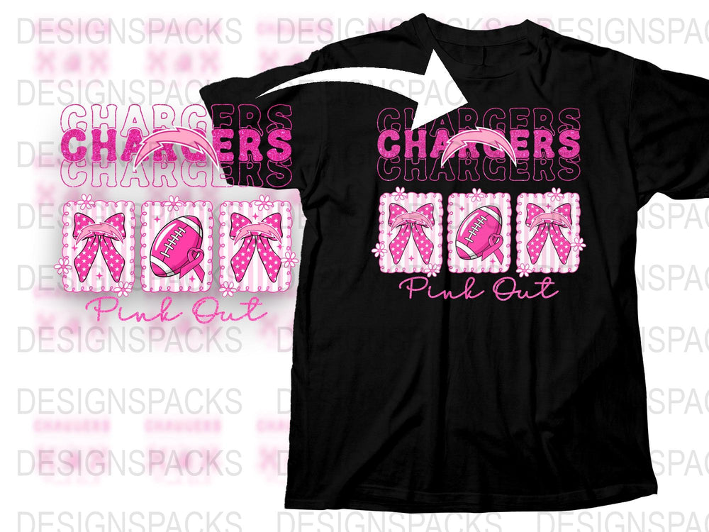 Pink Out Chargers T-Shirt, Breast Cancer Awareness, Sports Team Support Tee, Glitter Design, Black Shirt