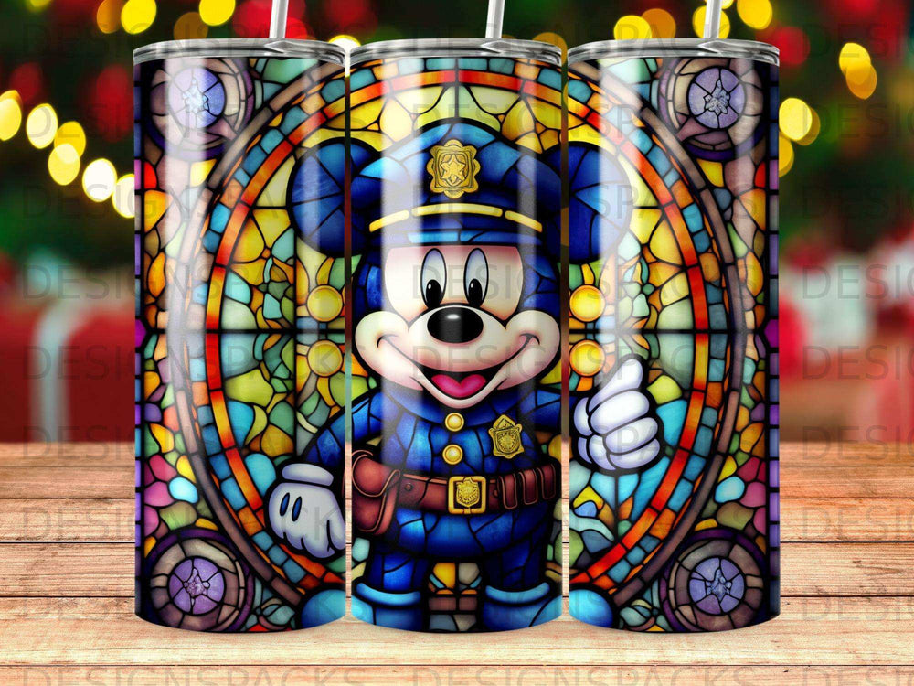 Mickey Mouse in police uniform in a stained glass window.