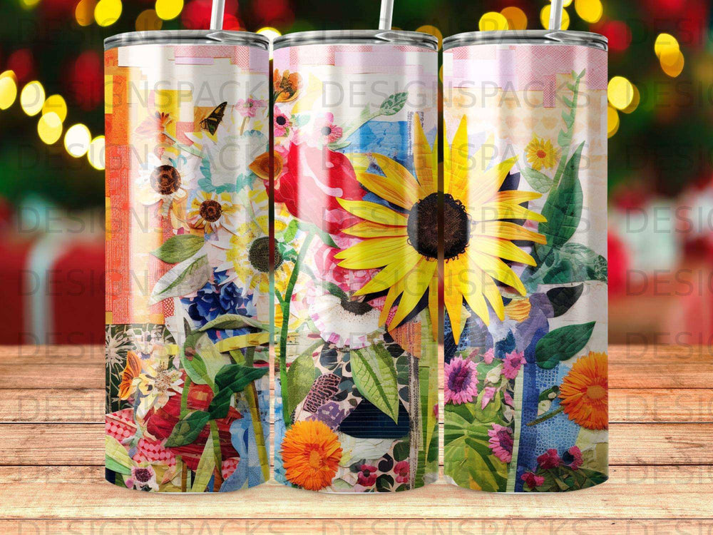 Collage of sunflowers, daisies, and floral patterns on a cylindrical tumbler.