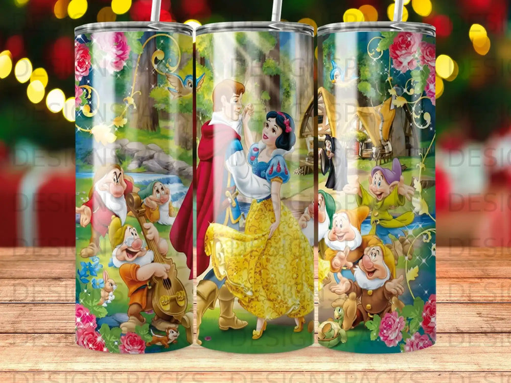 Snow White dancing with Prince Charming, surrounded by seven dwarfs and forest scenery.