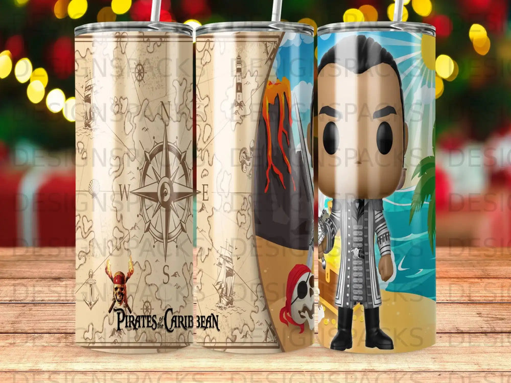 Pirates of the Caribbean tumbler with nautical map and character designs.
