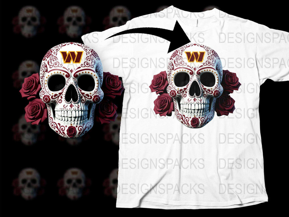 Decorative Sugar Skull T-Shirt, Floral Day of the Dead, Red Roses Graphic Tee, Unisex White Top