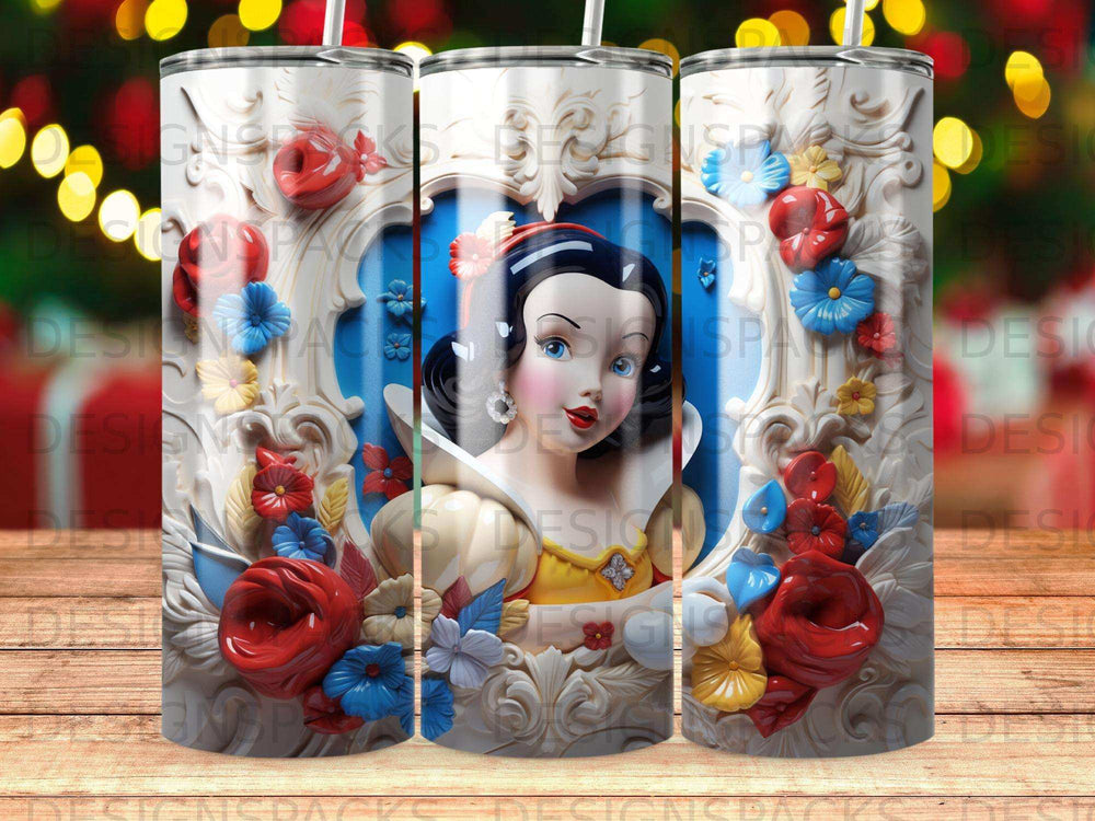 Snow White with red and blue floral frame on a patterned tumbler.