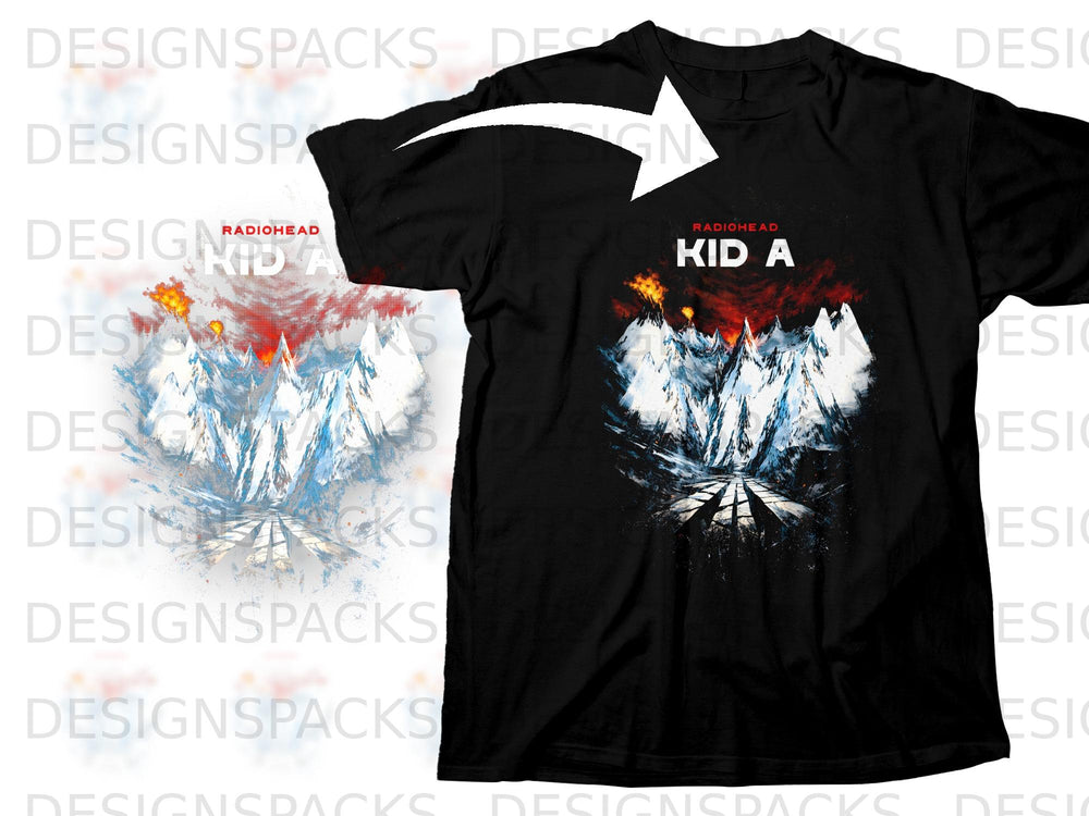 Black t-shirt with Radiohead Kid A album art featuring icy mountains and fiery sky.