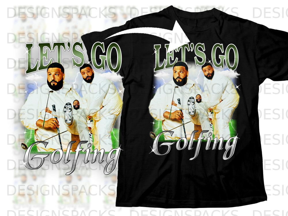 DJ Khaled graphic tee with "Let's Go Golfing" text and golf clubs.
