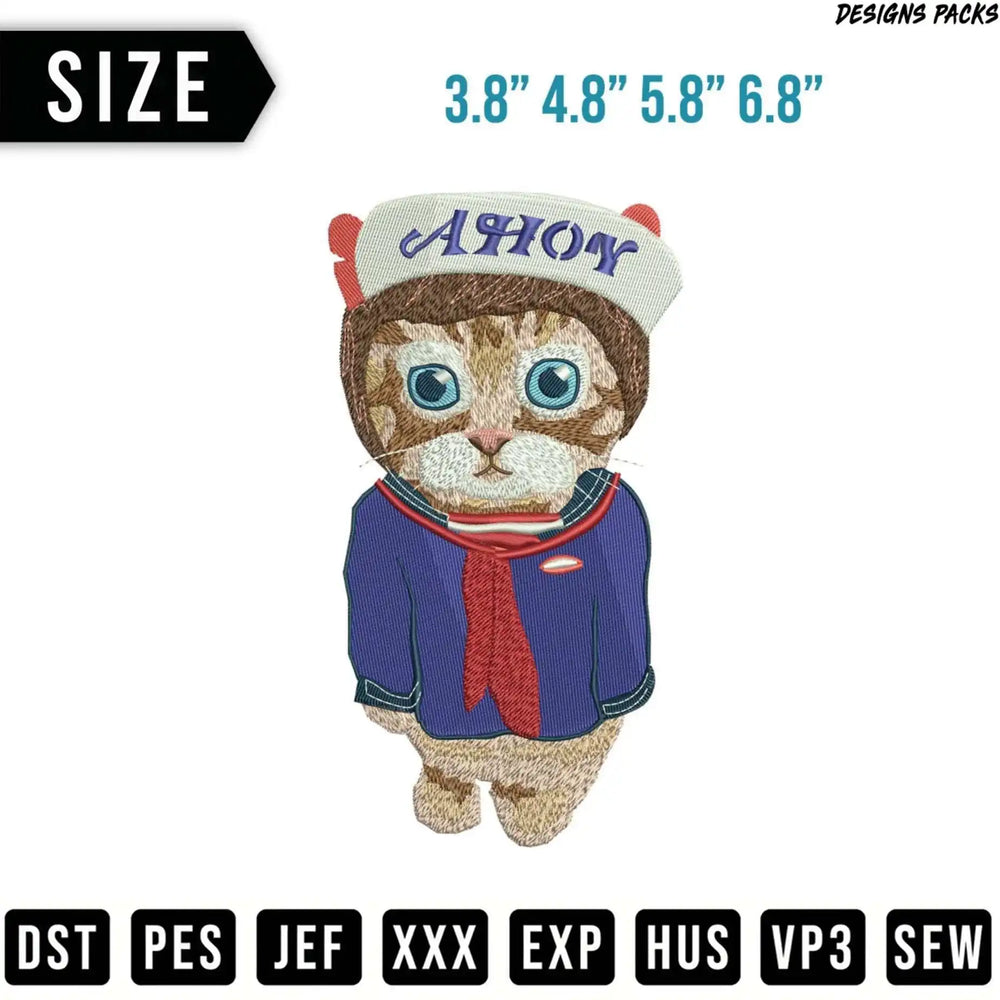 Embroidery design of a cat wearing a sailor hat and scarf with "AHOY" on the hat.