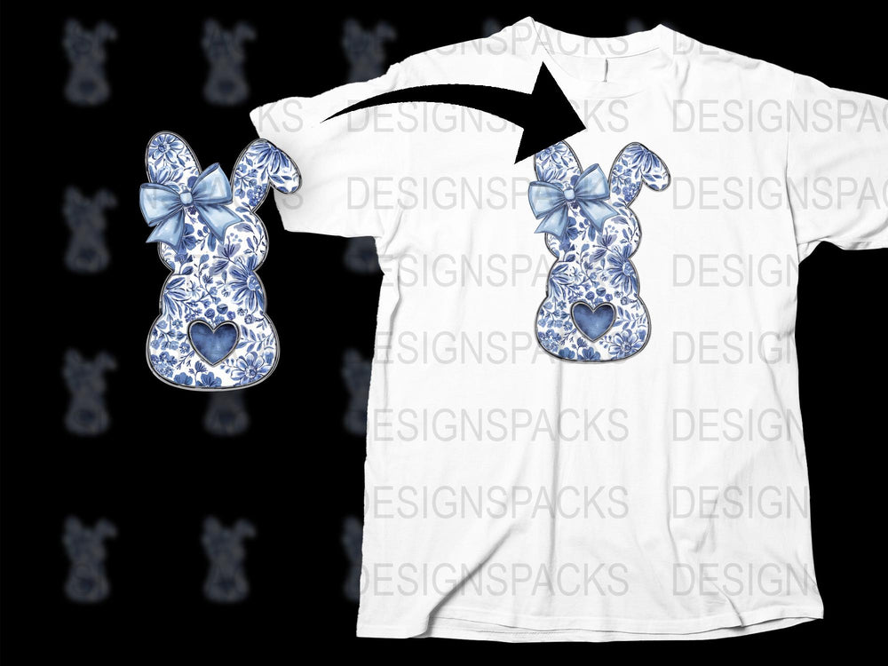 White T-Shirt with Blue Bow Ribbon Bunny Graphic, Cute Rabbit Design Tee, Casual Summer Top