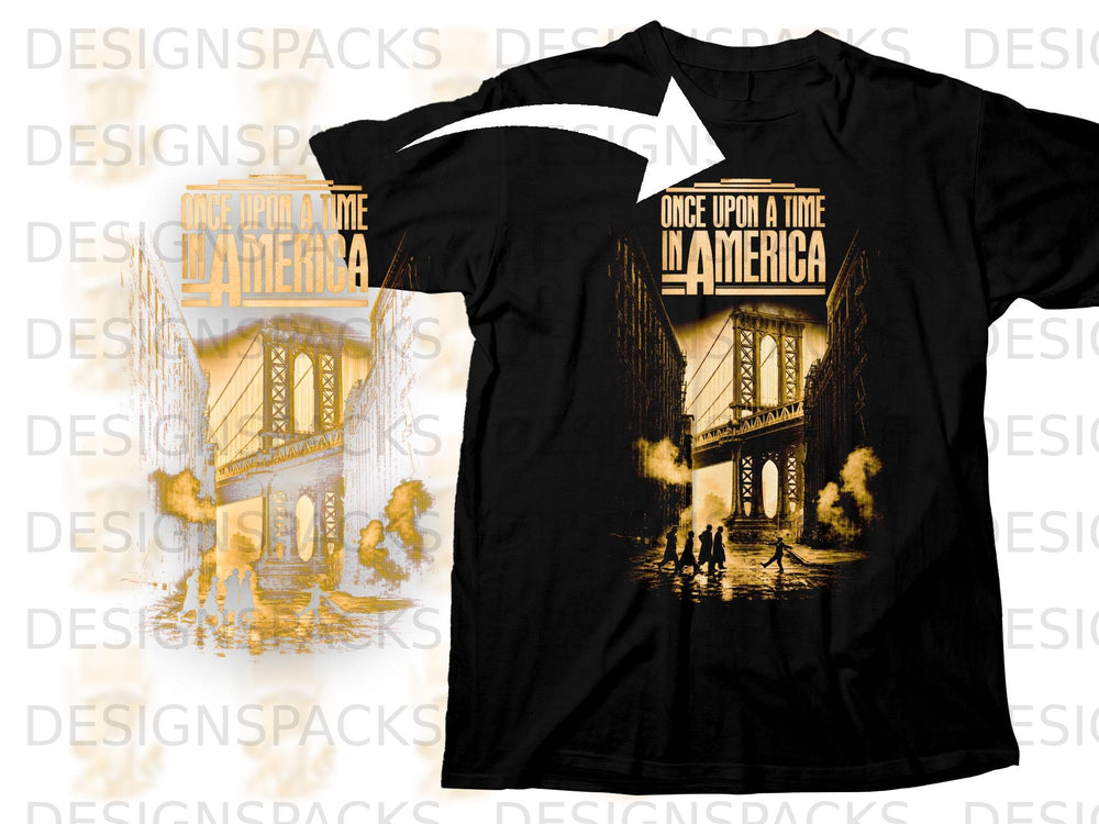 Black t-shirt with "Once Upon a Time in America" text and a bridge scene.