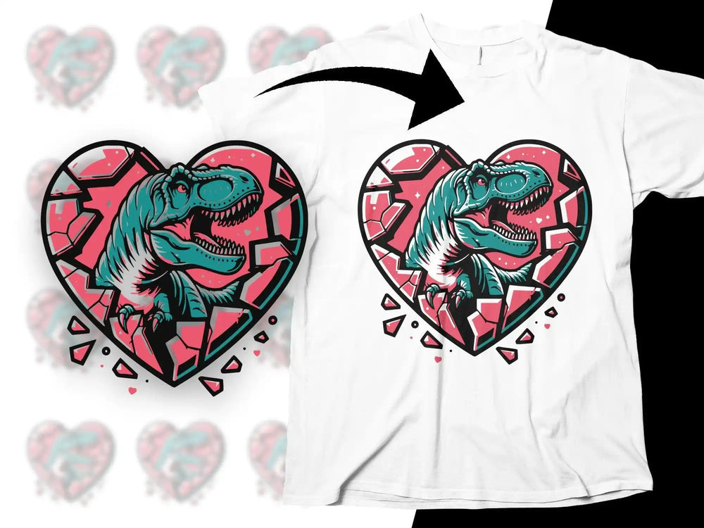 T-Rex dinosaur breaking through pink heart design, print-ready for t-shirts, DTF/DTG, SVG/PNG