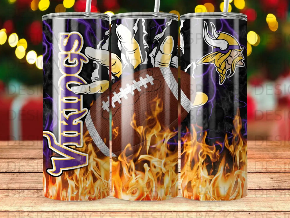 Minnesota Vikings logo and football on a fiery background.