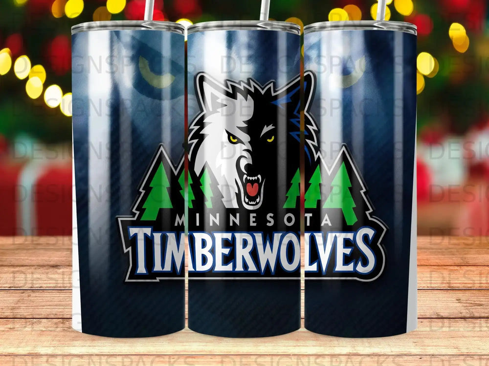 Minnesota Timberwolves logo on a dark blue textured tumbler.