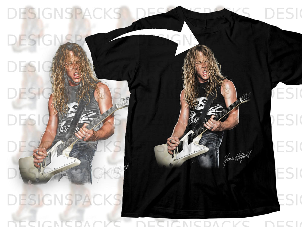 Black t-shirt with a graphic of James Hetfield playing guitar, signed "James Hetfield".