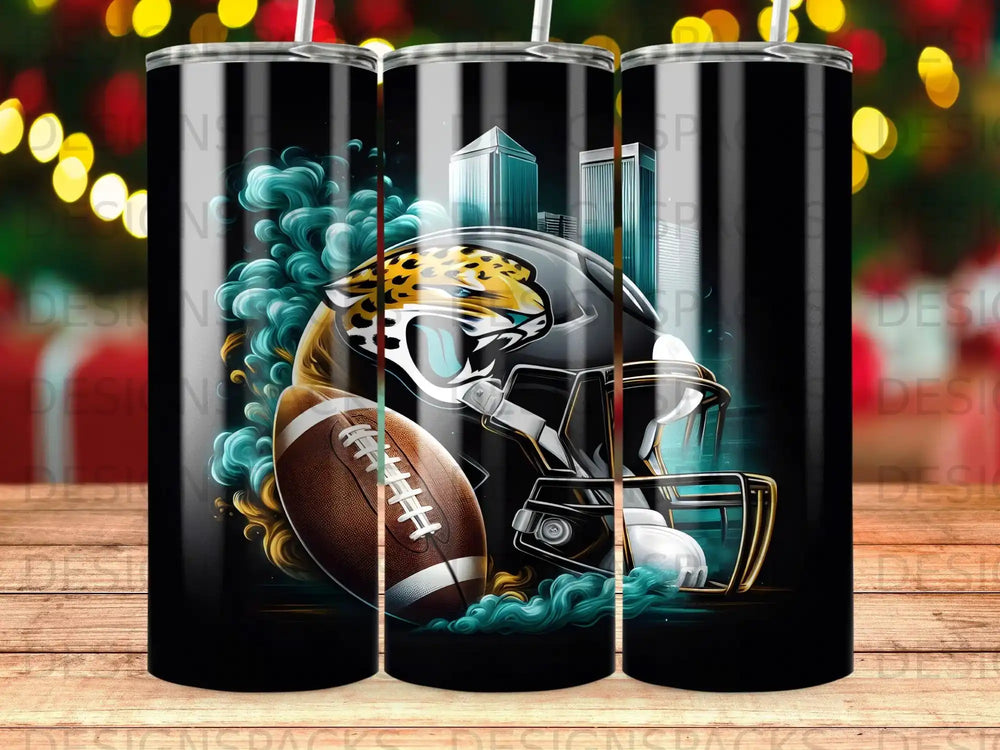 Football helmet with jaguar logo and ball, against city skyline.