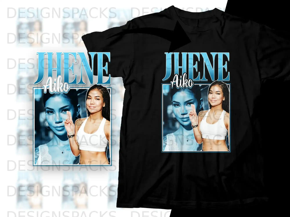 Jhené Aiko portrait on a black t-shirt with the name "Jhené Aiko" in blue text.