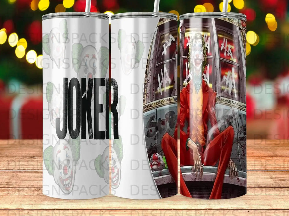 Joker sitting in chair, red suit, distressed city background, "JOKER" text.