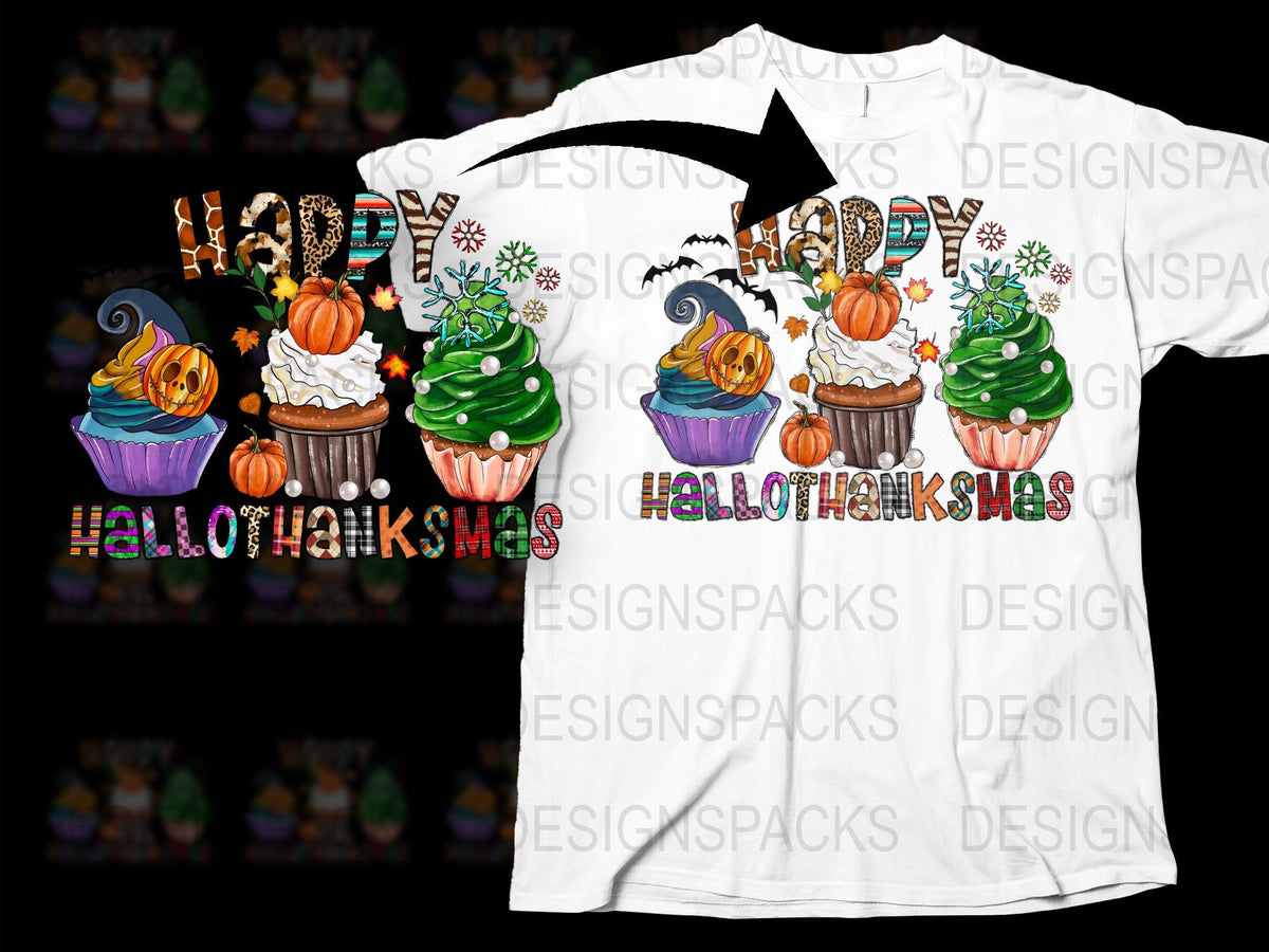 Happy Hallowthanksmas T-Shirt, Festive Holiday Cupcake Graphic Tee, Unique Thanksgiving Halloween Christmas Top