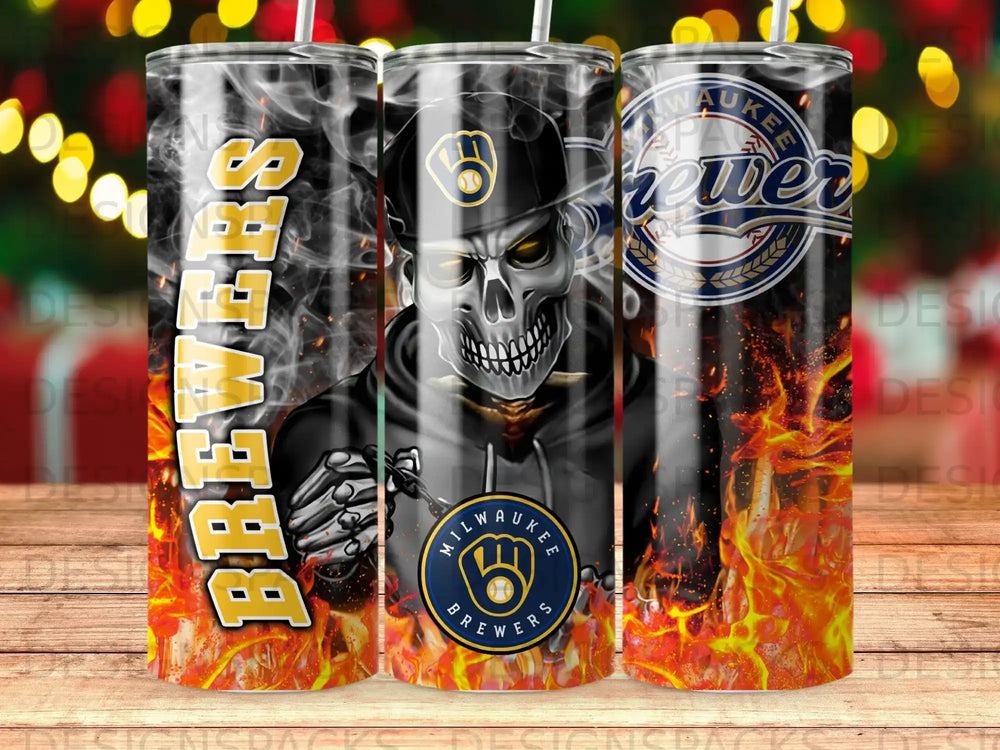 Milwaukee Brewers skull logo with flames and "Brewers" text.