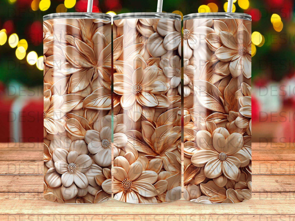 Gold embossed floral pattern on a skinny tumbler with bokeh lights background.