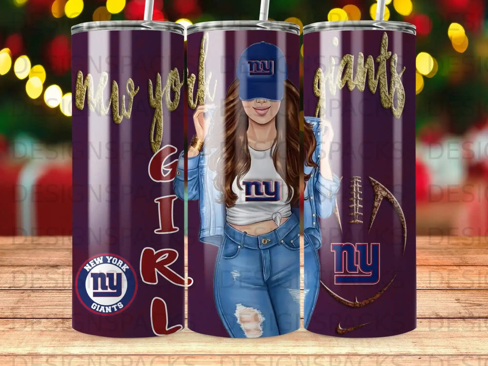 New York Giants tumbler with glitter and distressed denim design.