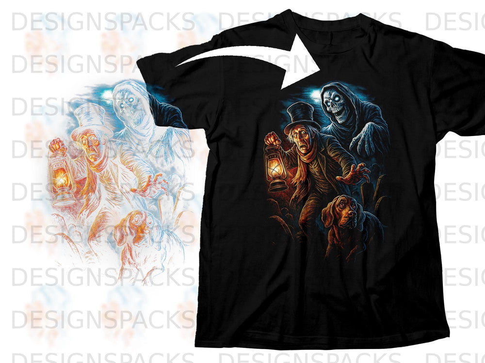 Black t-shirt with a spooky graphic of a grim reaper and man holding a lantern with a dog.