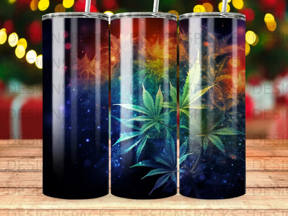 Rainbow nebula with cannabis leaves, a dark gradient on the left.