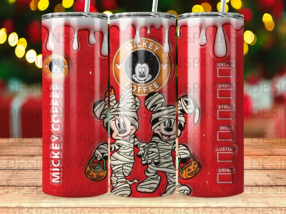 Mickey and Minnie Mouse as mummies holding coffee cups on a red background.