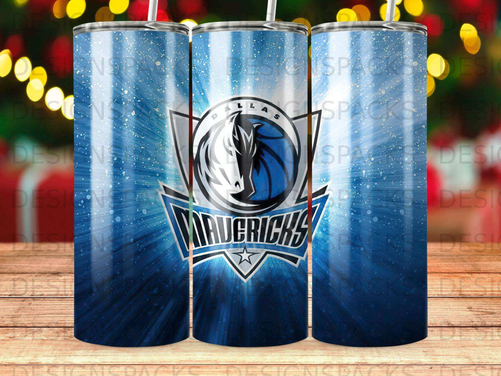 Dallas Mavericks logo on a blue, starry background tumbler.
