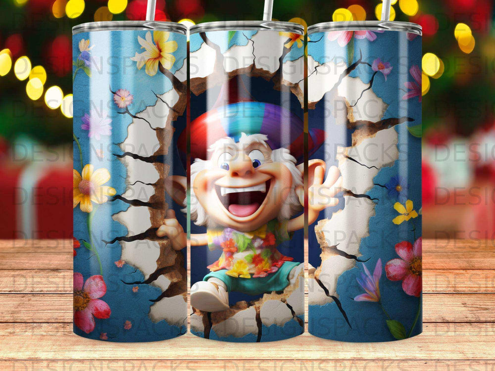 Smiling cartoon leprechaun emerging from cracked wall with floral pattern.