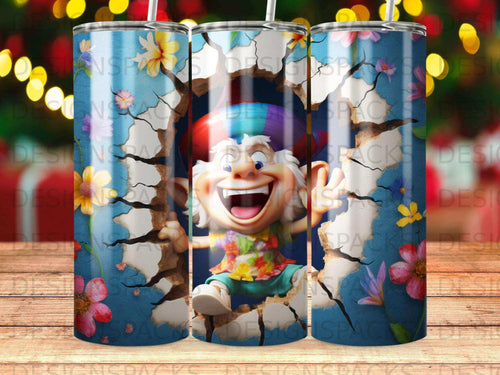 Smiling cartoon leprechaun emerging from cracked wall with floral pattern.