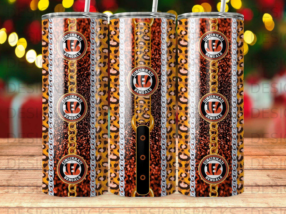 Cincinnati Bengals tumbler with leopard print and chain pattern.