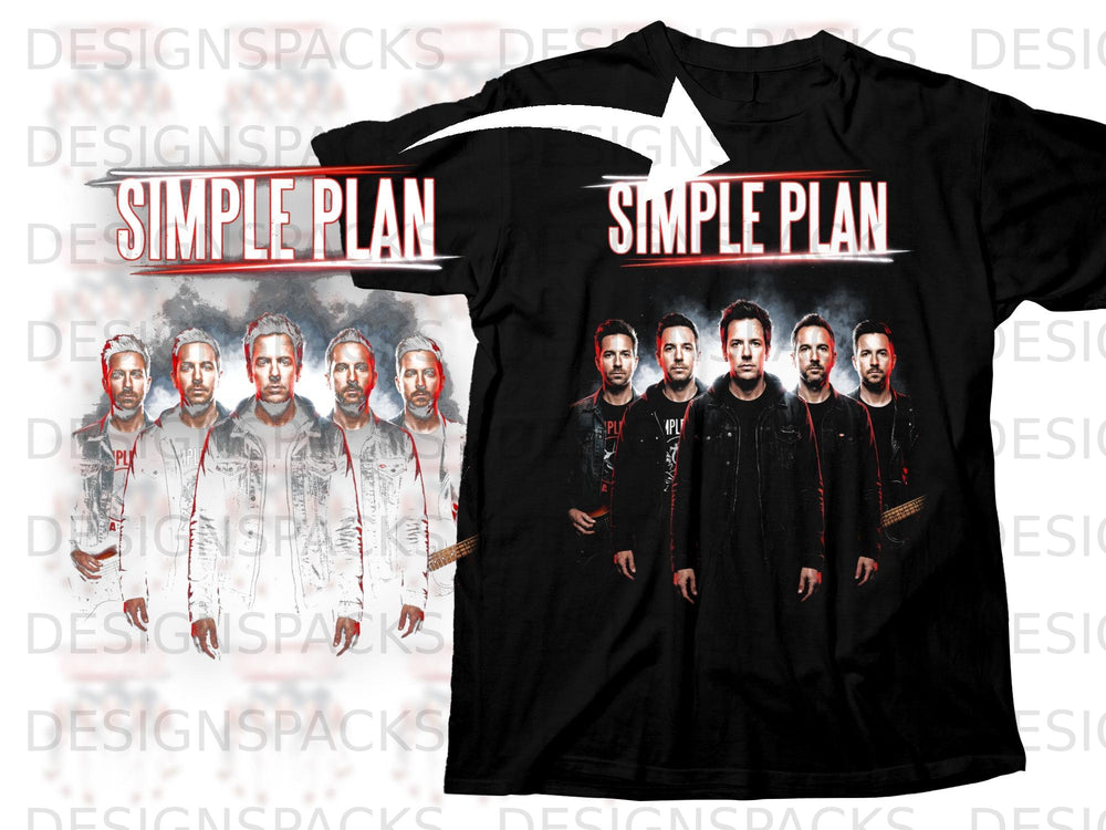 Black t-shirt featuring the band Simple Plan with the band's logo above five band members.